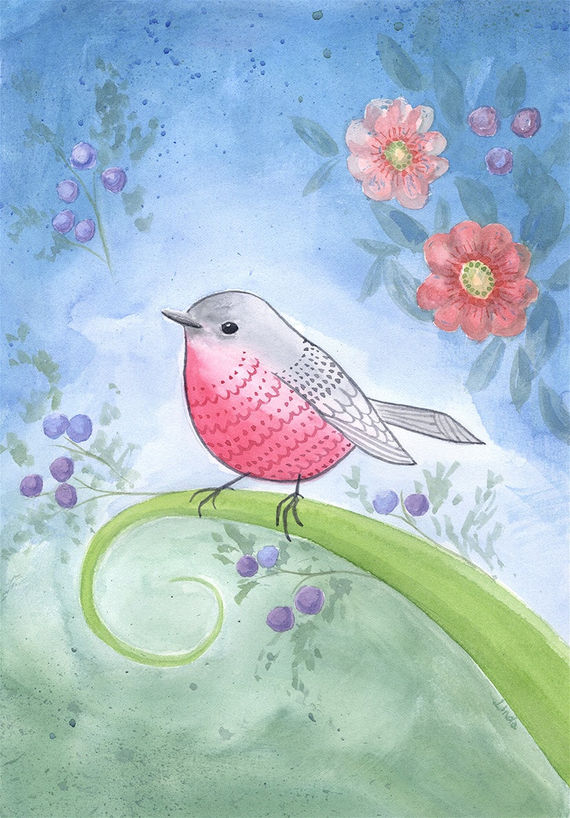 Whimsy Robin Whimsical Pink Robin Watercolour, Little Robin, Pink Robin, Pretty Bird ...