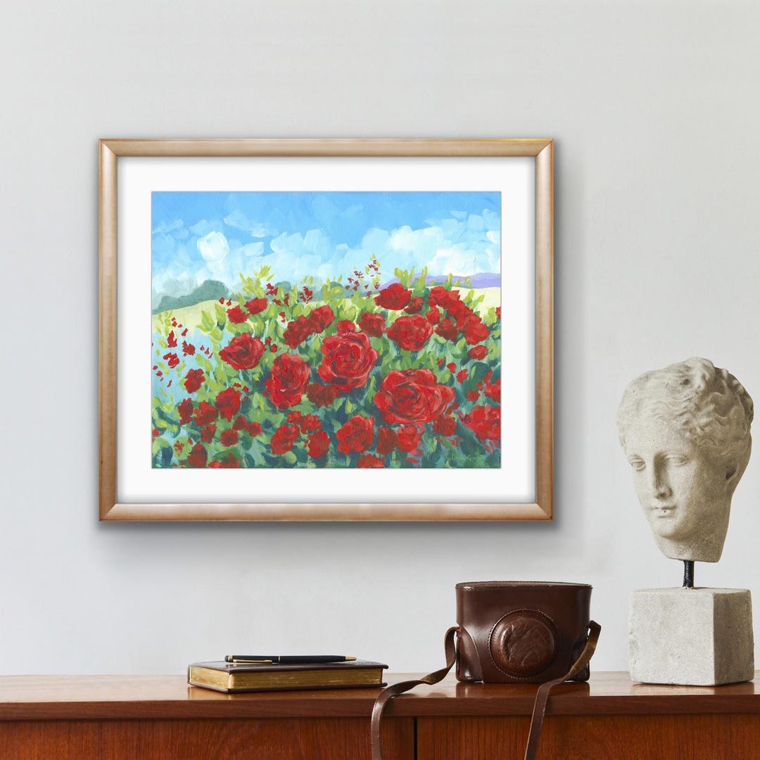Roses in the Countryside Fine Art Print, Scarlet Roses Print, Country ...