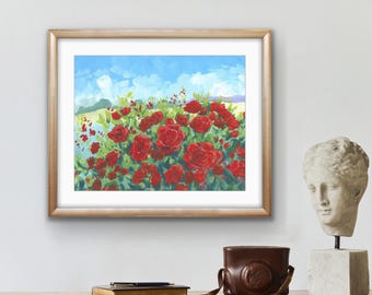 Impression d'art roses dans la campagne, impression de roses écarlates, impression d'art roses de campagne, impression jet d'encre de roses, impression d'art floral rouge