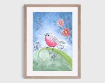 Aquarelle lunatique rouge-gorge, petit rouge-gorge, rouge-gorge, joli oiseau, aquarelle oiseau, peinture originale d'oiseau, rouge-gorge original, oisillon