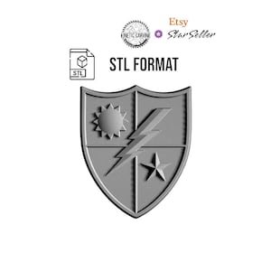 May include: A gray 3D printed shield with a sun, lightning bolt, and star design. STL FORMAT is written above the shield. Etsy Star Seller badge is in the upper right corner.