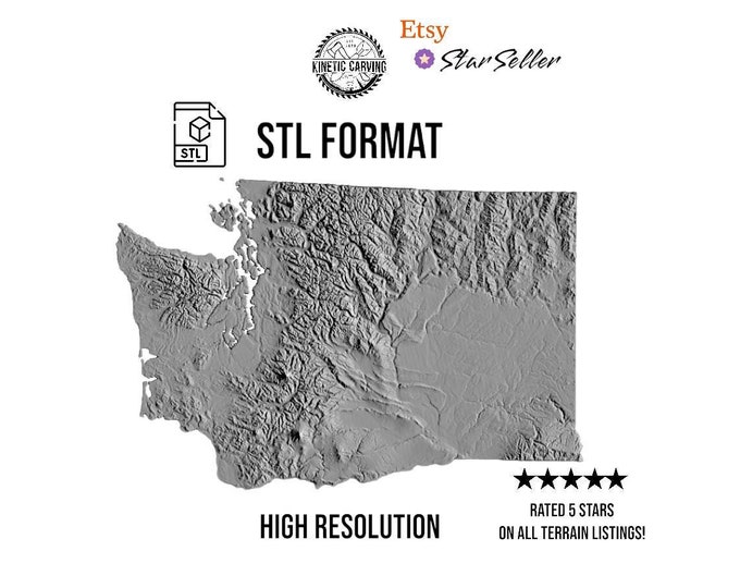 Washington Terrain STL File – 3D Topographic Map for CNC, 3D Printing, or 3D Lasering