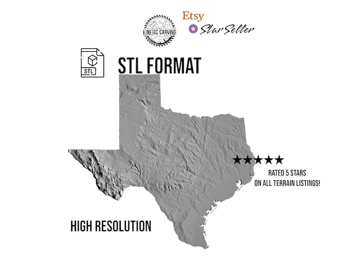 Texas STL File – 3D Topographic Map for CNC, 3D Printing, or 3D Lasering