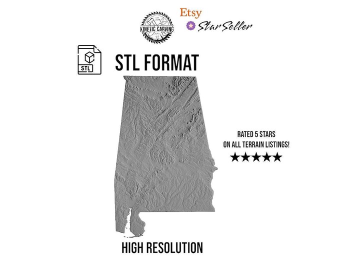 Alabama STL File – 3D Topographic Map for CNC, 3D Printing, or 3D Lasering
