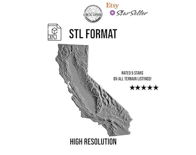 California Terrain File – 3D Topographic Map for CNC, 3D Printing, or 3D Lasering