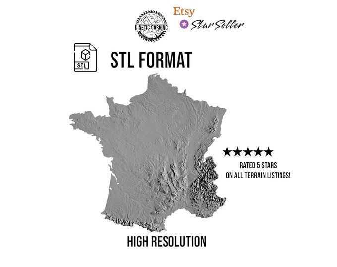 France Terrain File – 3D Topographic Map for CNC, 3D Printing, or 3D Lasering