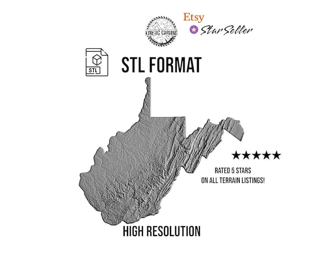West Virginia Terrain STL File – 3D Topographic Map for CNC, 3D Printing, or 3D Lasering
