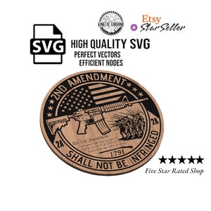 May include: A black and white SVG design of a rifle with the text "2nd Amendment" and "Shall Not Be Infringed" around the outside. The design also includes the text "The 2nd Amendment" and "1791".