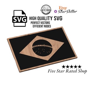 May include: A digital download of a high-quality SVG file featuring the flag of Brazil. The flag is a green rectangle with a yellow diamond in the center. The diamond contains a blue circle with white stars. The text "ORDEM E PROGRESSO" is written in white on a blue ribbon across the center of the diamond. The file is perfect for crafting projects, such as cutting designs on a Cricut or Silhouette machine.