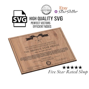 Pode incluir: Um download digital de um certificado de Medalha de Estrela de Bronze imprimível. O certificado está em um fundo de madeira com uma estrela dourada e uma fita. O texto no certificado diz "Os Estados Unidos da América, A Medalha de Estrela de Bronze".