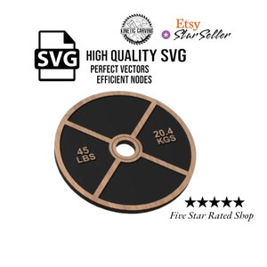 May include: A black and brown weight plate with the text "45 LBS" and "20.4 KGS" printed on it. The plate is designed for use with a barbell or weightlifting equipment.