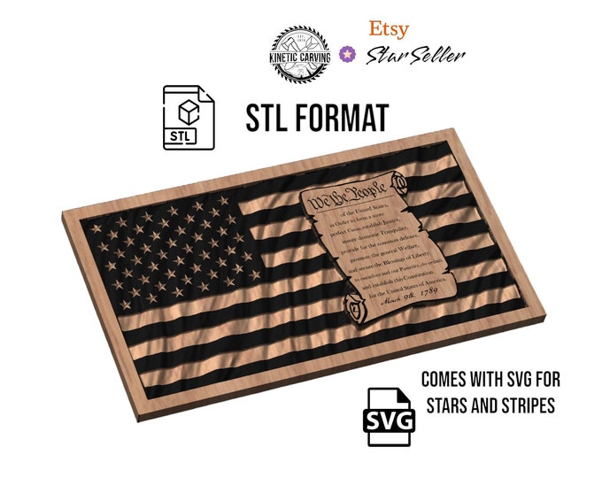 United States Constitution "We The People" Wavy Flag STL & SVG File for CNC Woodworking