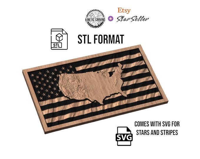 Continental United States 3D Terrain Wavy Flag STL for 3D Printing, CNC Woodworking