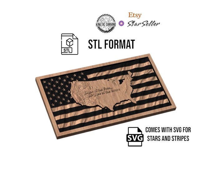 United States 3D Terrain Wavy Flag "Home of the Free, Because of the Brave" STL for 3D Printing, CNC Woodworking