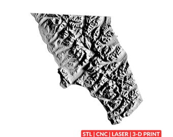 May include: A grayscale 3D topographic relief map featuring intricate mountain terrain and valleys. Below the map, a red rectangular label contains the white text: STL | CNC | LASER | 3-D PRINT. The design displays high-contrast shadows.