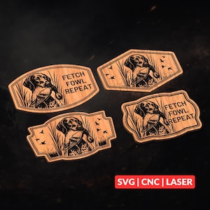 May include: Four wooden coasters with a hunting dog design. Each coaster features a dog holding a bird in its mouth, surrounded by tall grass and flying birds. The text "FETCH FOWL REPEAT" is displayed on each coaster. The coasters are made of light brown wood.