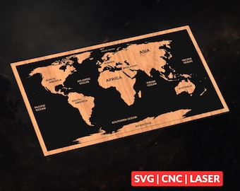 World Map SVG | CNC Laser Cut File, Wood Sign Engraving, Glowforge, LightBurn, Woodworking
