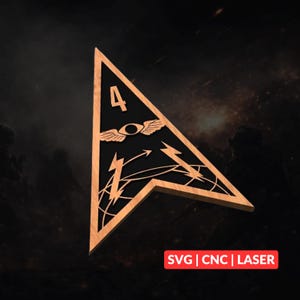 May include: A triangular wooden emblem featuring a black centre with the number 4, a winged eye symbol, and two lightning bolts over a globe grid. The border is light wood. The text SVG | CNC | LASER is visible in the bottom right corner.
