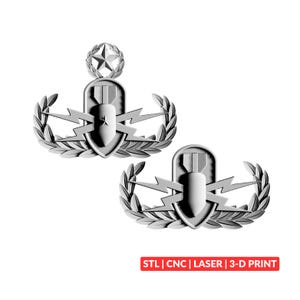 May include: Two grey, three-dimensional military-style badges featuring a central bomb icon, lightning bolts, and laurel wreaths. One badge includes a star at the top. The text "STL | CNC | LASER | 3-D PRINT" is displayed in a red rectangle at the bottom.