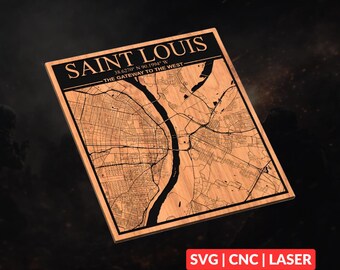 May include: A rectangular wooden wall plaque featuring a laser-engraved map of Saint Louis. The design includes the text SAINT LOUIS, the coordinates 38.6270 N 90.1994 W, and the phrase THE GATEWAY TO THE WEST, with black ink detailing.