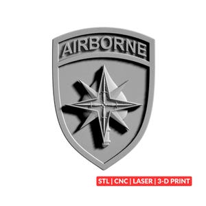 May include: A gray shield-shaped emblem featuring the word AIRBORNE in raised letters at the top. The center displays a four-pointed star design layered over a vertical dagger. The bottom right corner contains a red rectangular label with white text reading STL | CNC | LASER | 3-D PRINT.