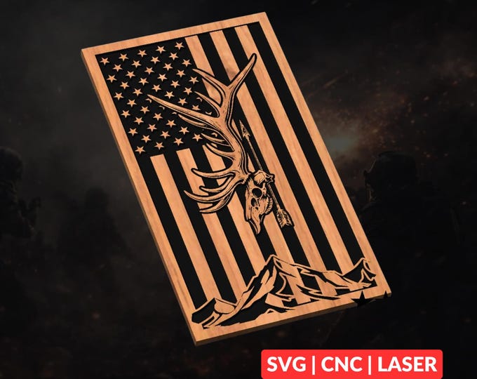 Elk Hunt U.S. Flag SVG | CNC Laser Cut File, Wood Wall Art, Glowforge Engraving, LightBurn Ready