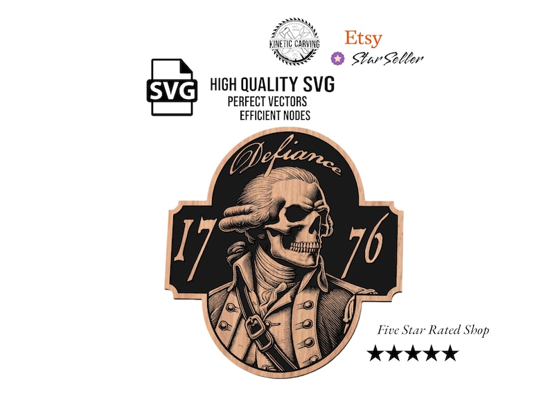 SVG file featuring a skull-faced George Washington with the words 'Defiance' and '1776' on it. The design combines revolutionary imagery with a bold, rebellious message, perfect for creating patriotic-themed art, apparel, or decor with an edge.