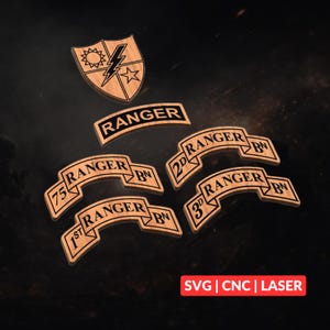 May include: Wooden Ranger badges and insignias. Includes a shield with a sun, lightning bolt, and star design, plus several curved banners with "RANGER" and "BN" text. The image also includes the text "SVG | CNC | LASER".