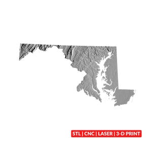 Könnte beinhalten: Eine graue, dreidimensionale topografische Karte des Bundesstaates Maryland mit detailliertem Relief. Unter der Karte befindet sich ein rotes rechteckiges Etikett mit dem weißen Text: STL | CNC | LASER | 3-D PRINT. Die Karte zeigt sichtbare Höhenunterschiede.