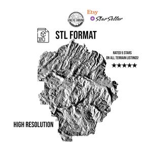 May include: A grayscale topographical map in STL format, labeled "HIGH RESOLUTION." The image includes the Etsy Star Seller badge and text that reads "RATED 5 STARS ON ALL TERRAIN LISTINGS!"