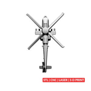 Könnte beinhalten: Eine Draufsicht auf ein graues Hubschraubermodell mit einem Hauptrotorsystem mit vier Blättern, einem Rumpf mit seitlich montierten Komponenten und einem Heckrotor. Der Text STL | CNC | LASER | 3-D PRINT steht in einem roten Kasten unten.