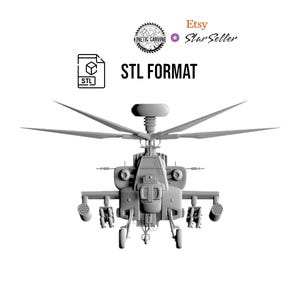 May include: A grey 3D model of a military helicopter, with detailed rotor blades and weaponry. The image includes the text "STL FORMAT" and the Etsy Star Seller logo.