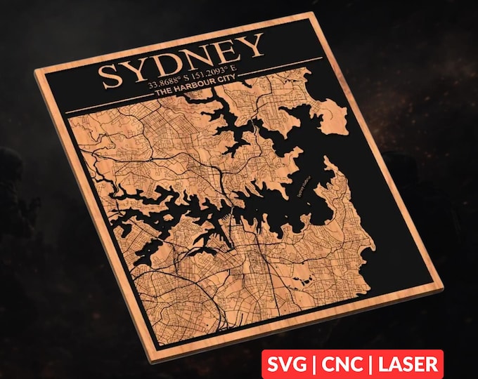Sydney, Australia City Map SVG | CNC Laser Cut File, Wood Wall Art, Glowforge Engraving, LightBurn Ready