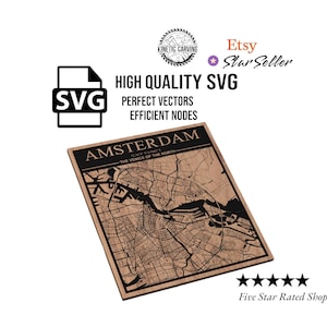 Puede incluir: Un mapa de madera de Ámsterdam, con el diseño de la ciudad en negro sobre un fondo marrón claro. El texto "AMSTERDAM" está en la parte superior, con "THE VENICE OF THE NORTH" debajo. La imagen incluye "HIGH QUALITY SVG" y "EFFICIENT NODES".