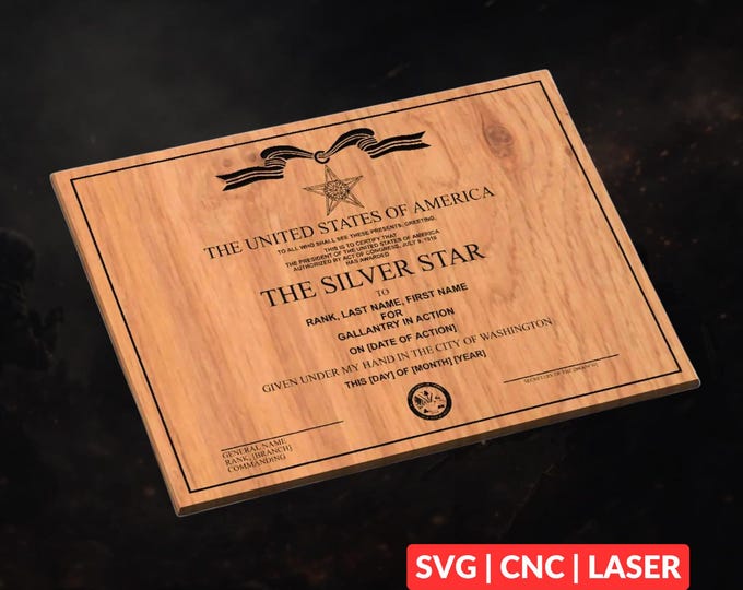 Silver Star Military Award Plaque SVG | CNC Laser Cut File, Wood Wall Art, Glowforge Engraving, LightBurn Ready