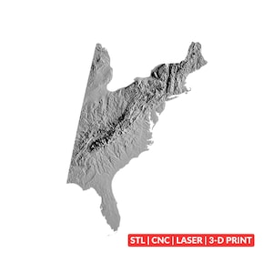 May include: A grayscale relief map of the Eastern United States showing detailed topographical terrain features. A red rectangular label in the bottom right corner contains the white text: STL | CNC | LASER | 3-D PRINT.