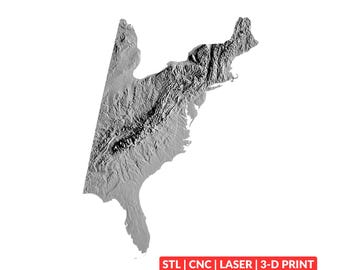 May include: A gray, three-dimensional topographical map of the Eastern United States, showing detailed mountain ranges and coastal terrain. A red rectangular label at the bottom contains the white text: STL | CNC | LASER | 3-D PRINT.