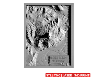 May include: A monochromatic 3D relief map of Devils Tower in Wyoming, featuring a textured topographical surface with deep shadows and highlights. A rectangular plaque at the bottom right corner displays the embossed text Devils Tower Wyoming.