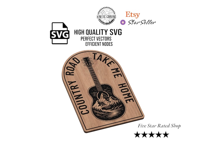 Country Road Mountain Guitar SVG File for Woodworking, CNC, Printing and Lasering