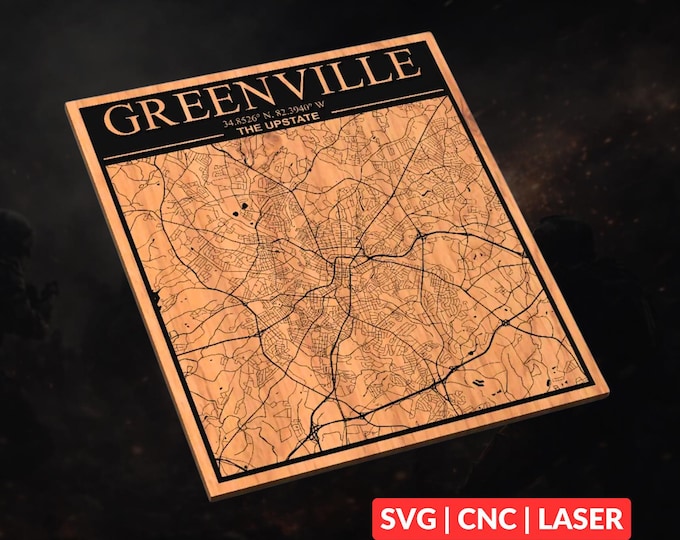 Greenville, South Carolina City Map SVG | CNC Laser Cut File, Wood Wall Art, Glowforge Engraving, LightBurn Ready