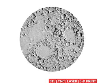 May include: A circular gray relief map of the moon surface featuring detailed craters and lunar topography. Below the circular object is a red rectangular label with white text that reads: STL | CNC | LASER | 3-D PRINT. The design is monochromatic.