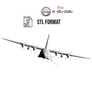Puede incluir: Modelo 3D en escala de grises de un avión grande con múltiples hélices, sobre un fondo blanco. El texto "STL FORMAT" se muestra de forma destacada. El logotipo de Etsy Star Seller es visible.