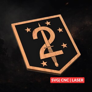 May include: Wooden plaque with a black center and a light brown border. The design features a number 2 intertwined with a dagger, surrounded by four stars. The text "SVG | CNC | LASER" is displayed in a red rectangle at the bottom.