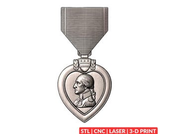 May include: A silver-toned heart-shaped medal featuring a profile relief of George Washington, suspended from a rectangular ribbon with horizontal lines. The text "STL | CNC | LASER | 3-D PRINT" is displayed in a red rectangular box at the bottom.