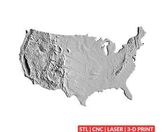 May include: A gray, three-dimensional relief map of the United States showing topographical terrain features. Below the map, a red rectangular label contains the white text: STL | CNC | LASER | 3-D PRINT. The map displays mountain ranges.