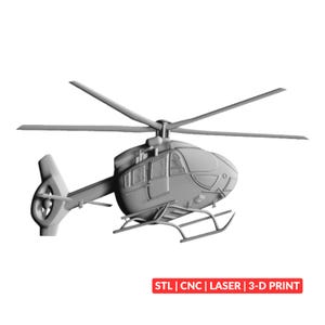 May include: A gray 3D-printed model of a helicopter, featuring a detailed fuselage, rotor blades, and landing skids. The image includes the text "STL | CNC | LASER | 3-D PRINT" in a red rectangle.