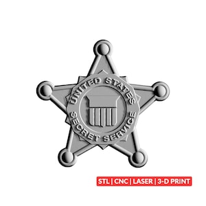 May include: A grey five-pointed star badge featuring a central circular emblem with the text UNITED STATES SECRET SERVICE and a shield graphic. The badge has a raised relief design with ball-tipped points. Text at the bottom reads STL | CNC | LASER | 3-D PRINT.