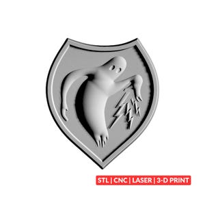 May include: A light gray shield-shaped emblem featuring a raised relief of a ghost figure holding a lightning bolt. The text "STL | CNC | LASER | 3-D PRINT" is displayed in a red rectangular box at the bottom of the image.