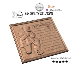 Peut inclure: Plaque en bois avec un relief sculpté d'un pompier agenouillé tenant un outil, avec le texte "Firefighters Prayer". La plaque est encadrée et de couleur marron clair. L'image comprend également le logo Etsy Star Seller.