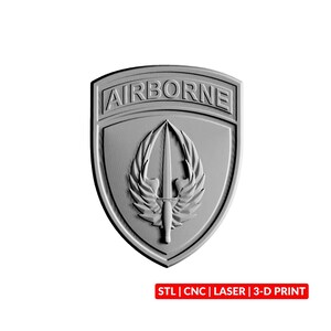 May include: A gray shield-shaped emblem featuring the word AIRBORNE in raised letters at the top. The center displays a vertical dagger flanked by stylized wings. The bottom right corner includes a red rectangular label with the text STL | CNC | LASER | 3-D PRINT.